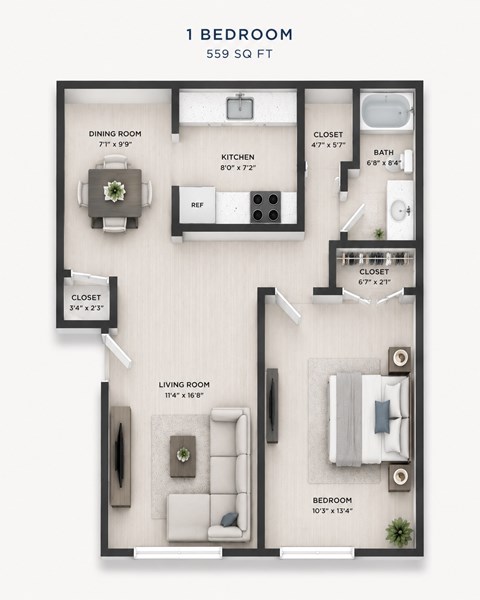 Floor plan for 1 bed, 1 bath, 559 sqft